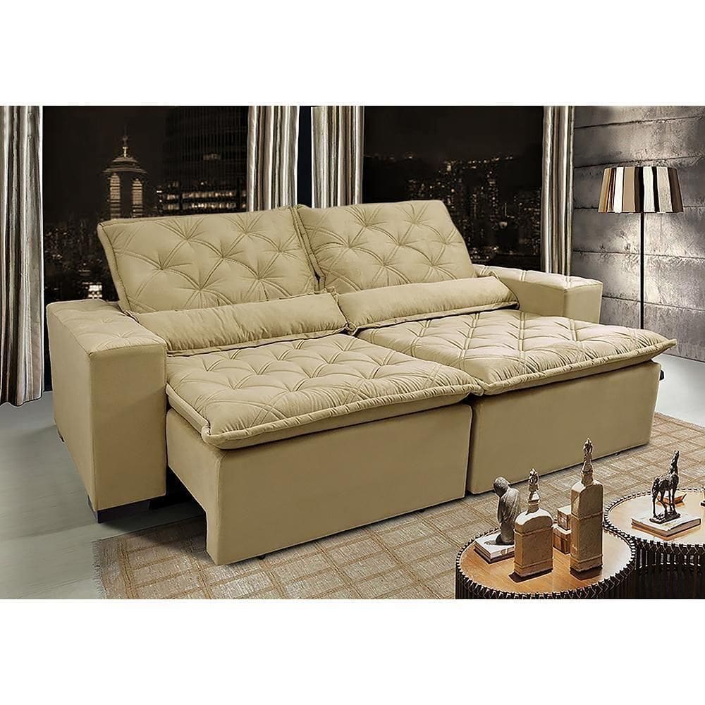 Sofá Lisboa 3,12m Retrátil, Reclinável Com Molas No Assento Tecido Suede Velusoft Bege - Cama Inbox