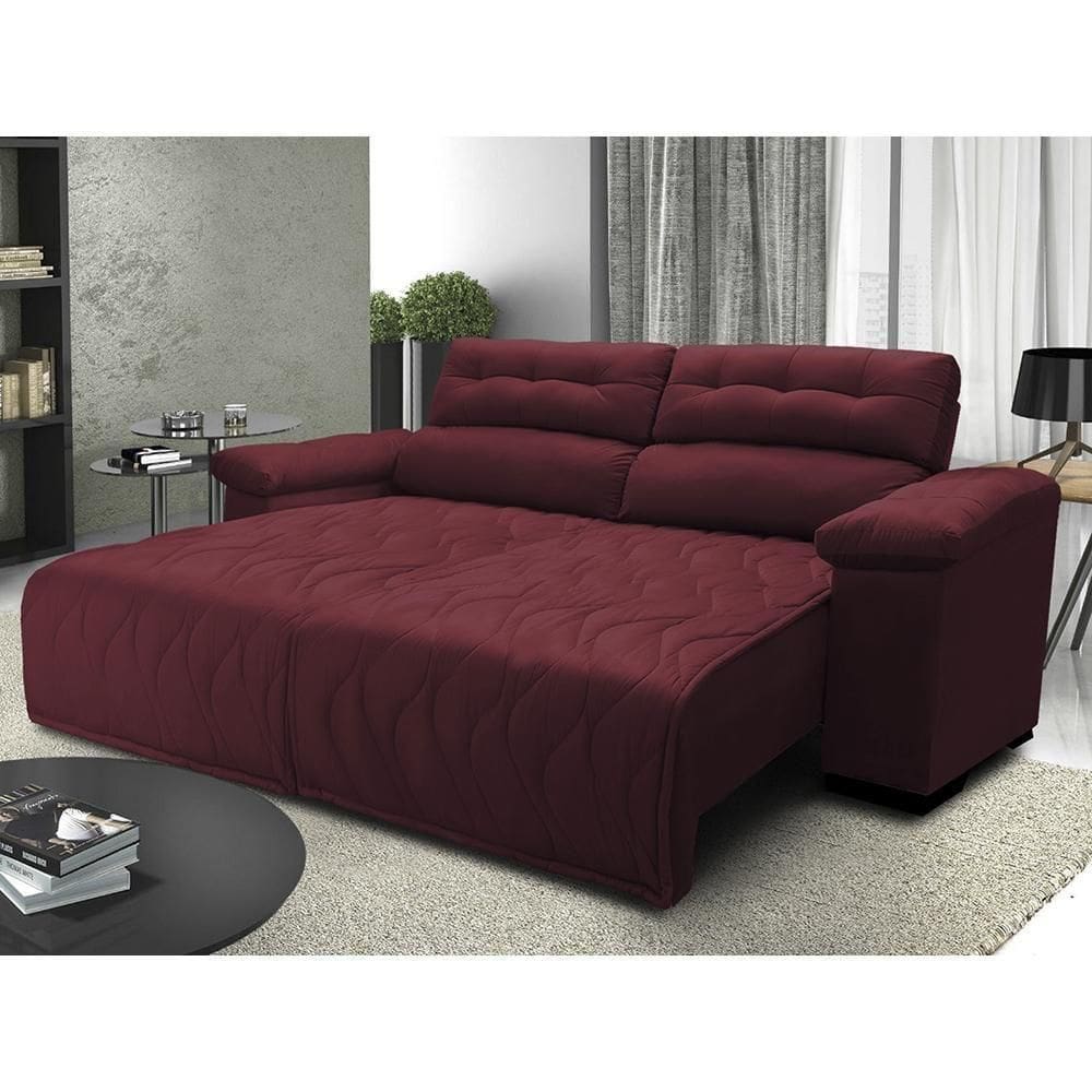 Sofá 2,42m Retrátil E Reclinável Com Molas Cama Inbox Top Tecido Suede Velusoft Vinho