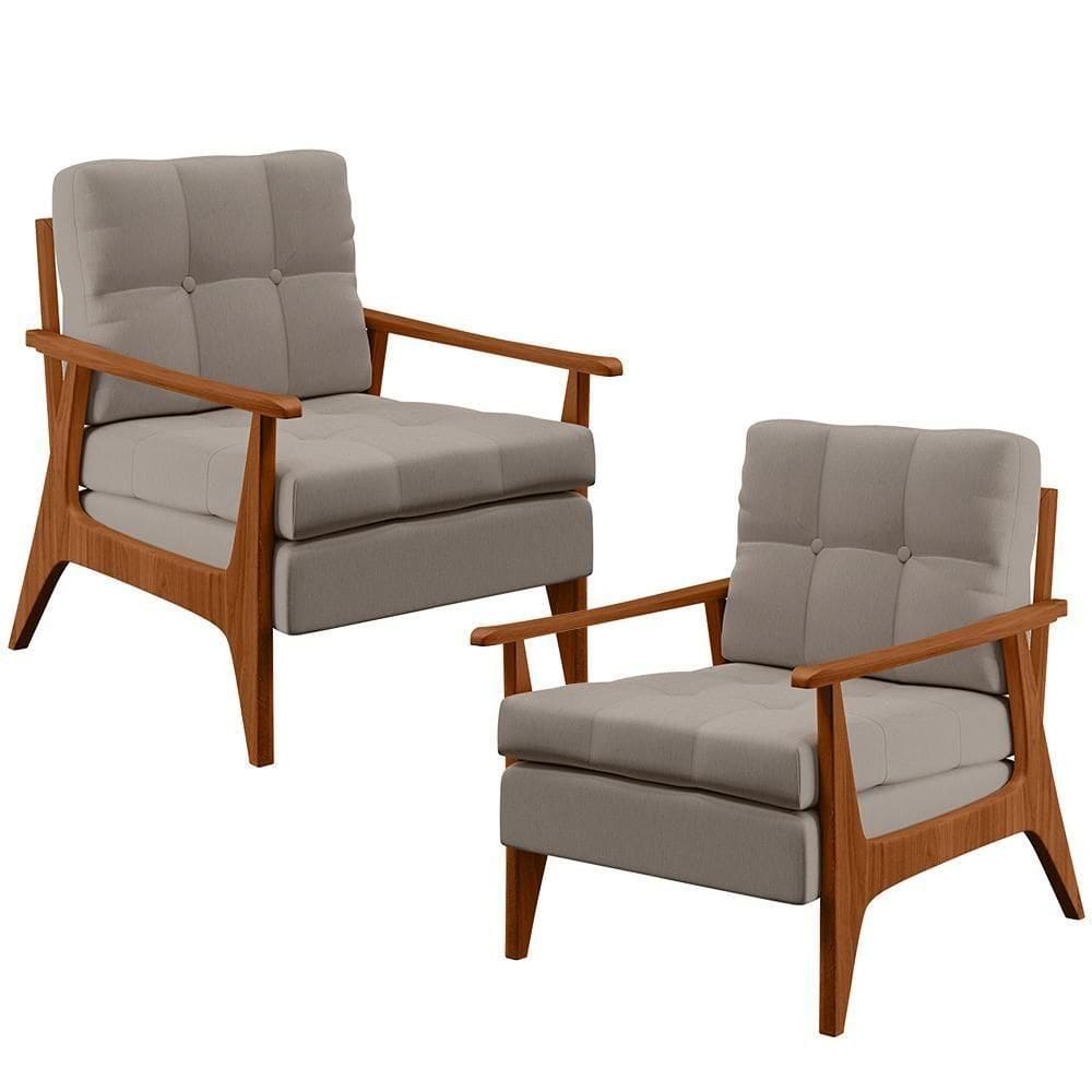 Kit 02 Poltronas Encosto Ripado Emília B04 Linho Bege