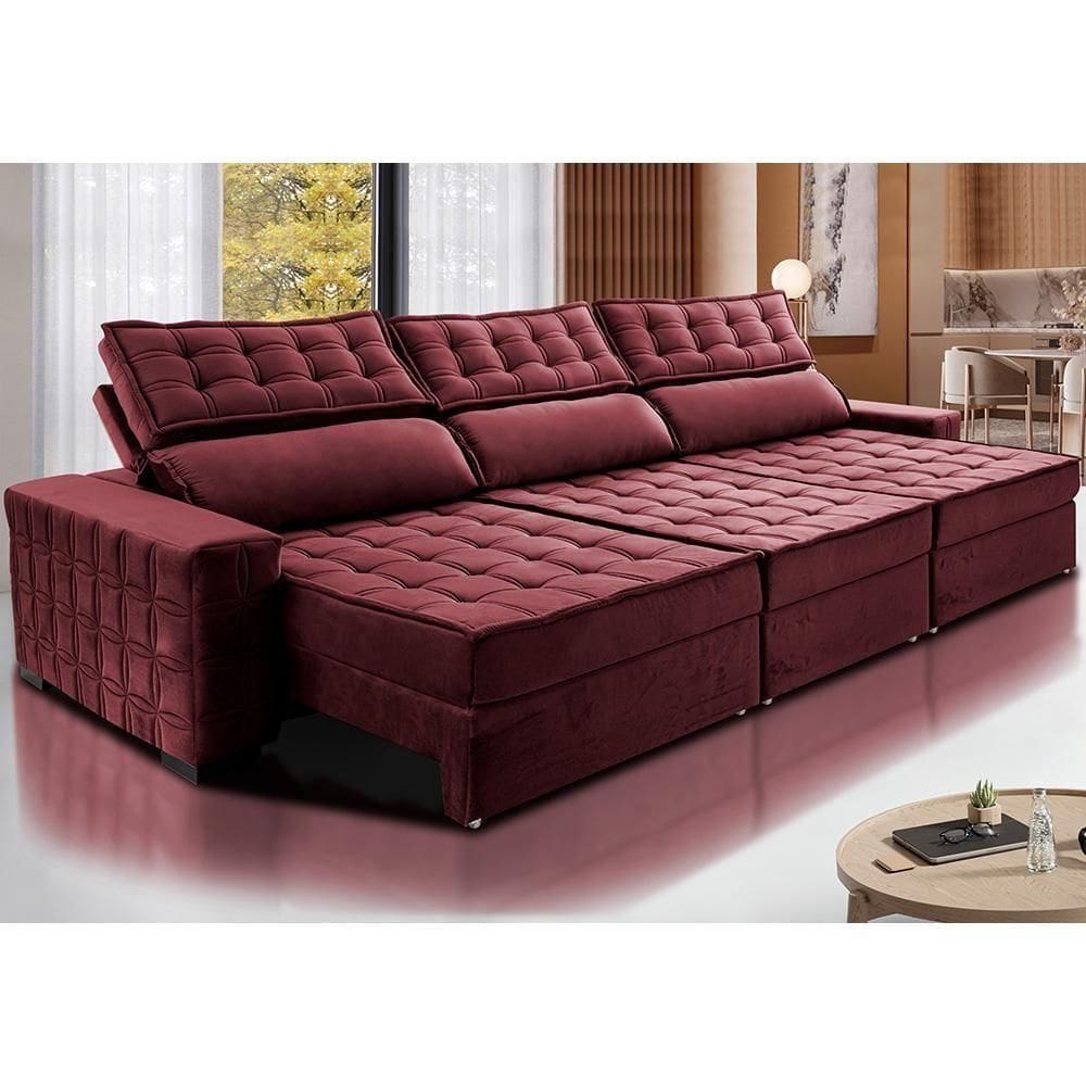 Sofá Retrátil E Reclinável 3,85M Cama Inbox Big Star Com Softgel D40 Velupluma Vinho