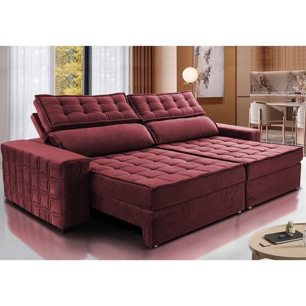 Sofá Retrátil E Reclinável 3,15M Cama Inbox Big Star Com Softgel D40 Velupluma Vinho