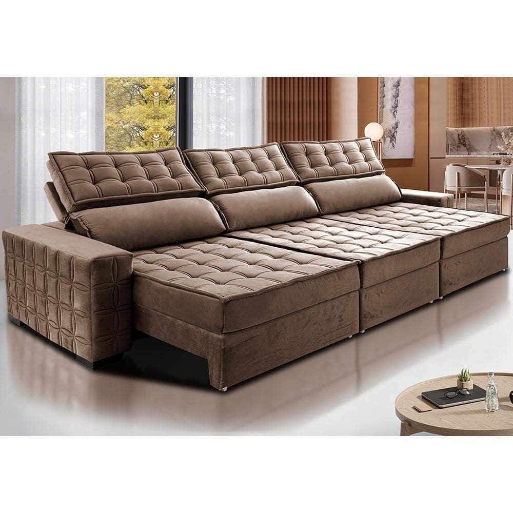 Sofá Retrátil E Reclinável 3,85M Cama Inbox Big Star Com Softgel D40 Velupluma Castor