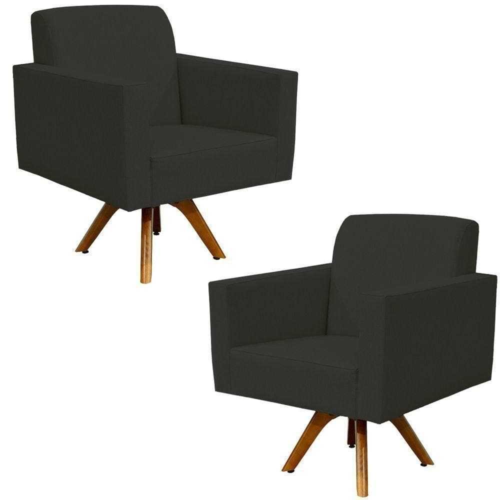Kit 02 Poltronas Giratória Base De Madeira Suede Preto
