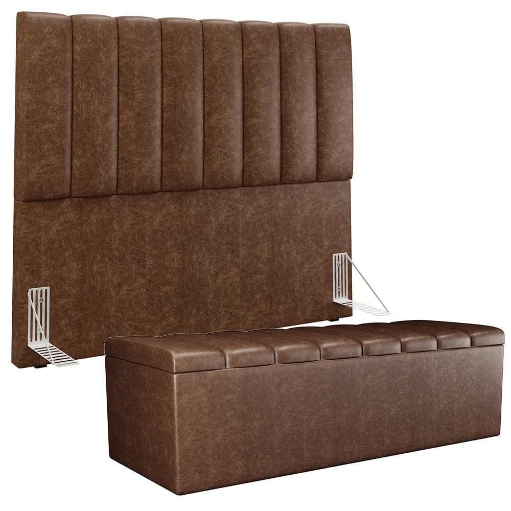 Kit Cabeceira Casal 140cm Calçadeira Recamier Baú Marrom