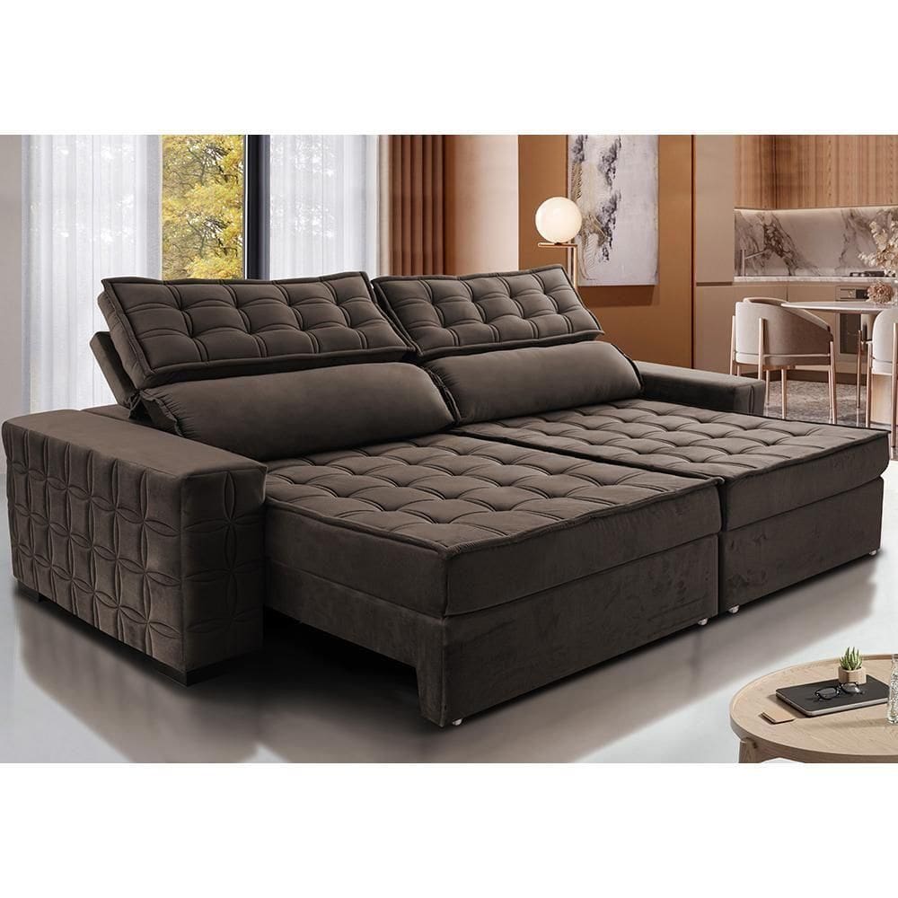 Sofá Retrátil E Reclinável 2,55M Cama Inbox Big Star Com Softgel D40 Velupluma Café