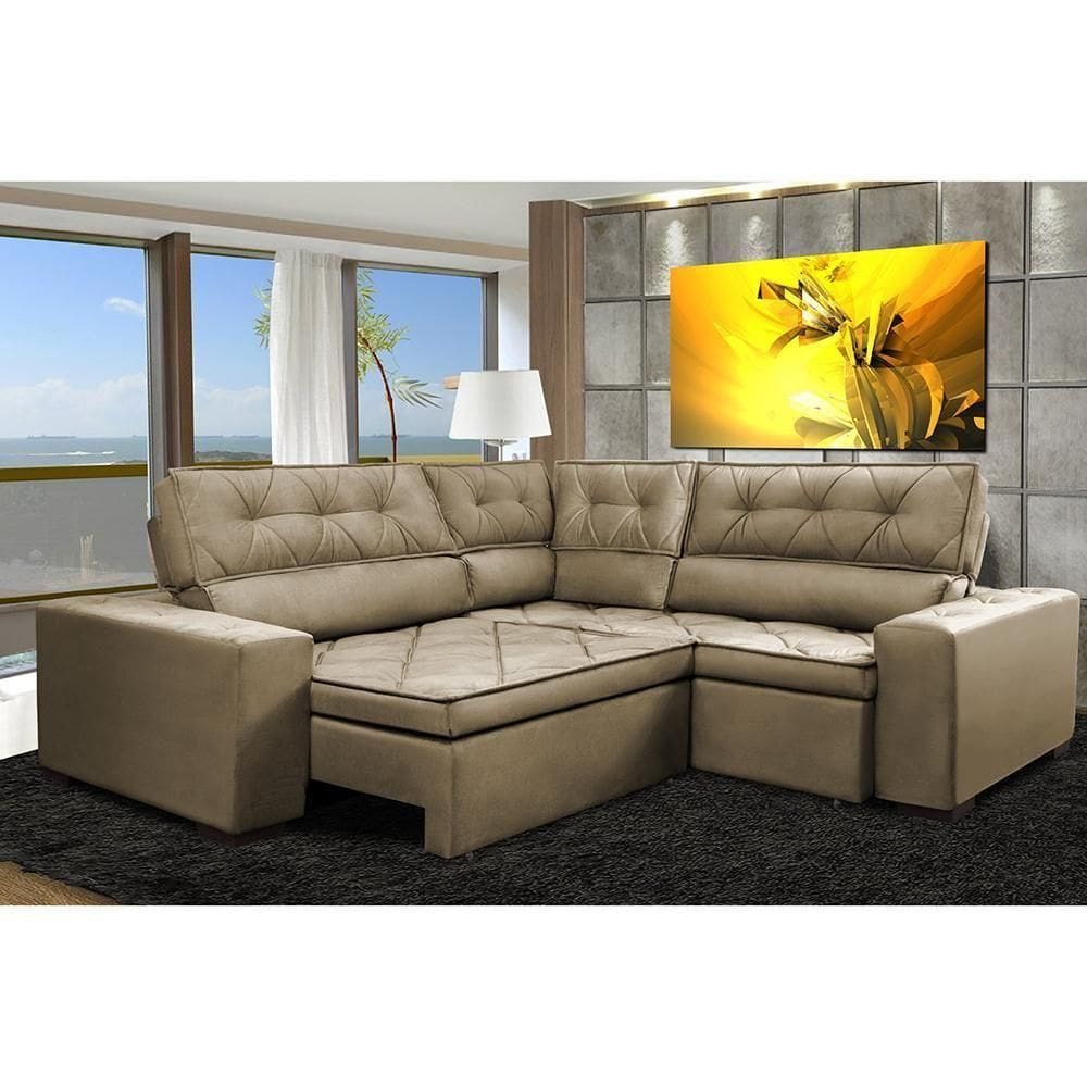Sofa De Canto Retrátil E Reclinável Com Molas Cama Inbox Austin 2,40m X 2,40m Suede Velusoft Castor