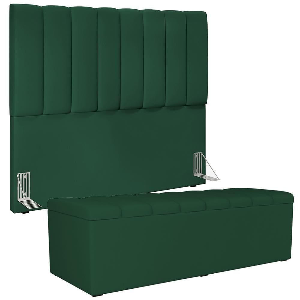 Kit Cabeceira Casal 140cm Calçadeira Baú Verde Musgo
