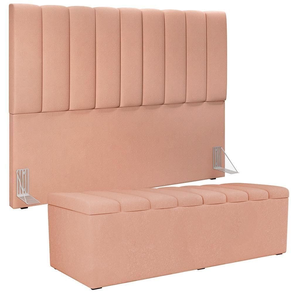 Kit Cabeceira Casal Queen 160cm Com Calçadeira Baú Rosê