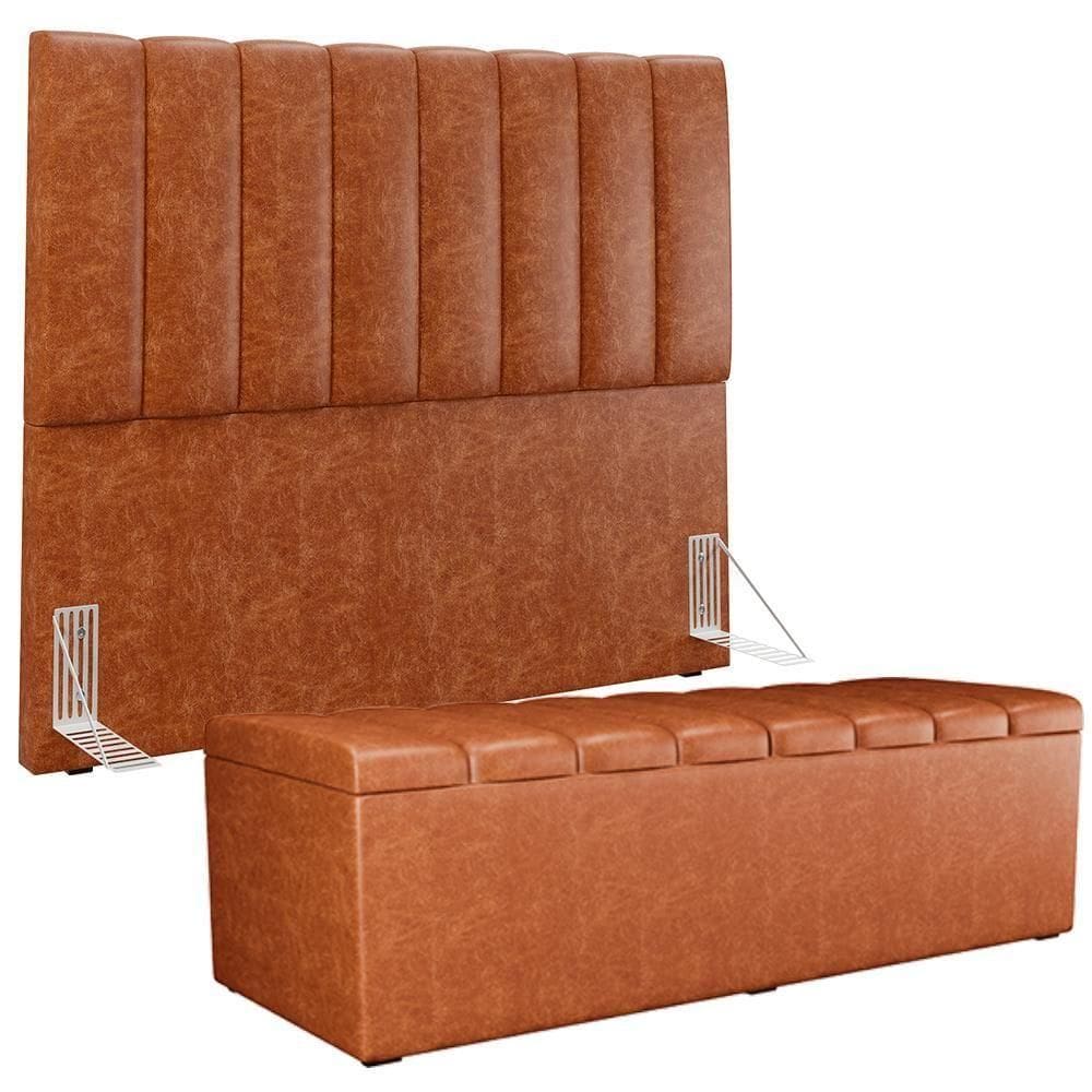 Kit Cabeceira Casal 140cm E Calçadeira Recamier Baú Camel