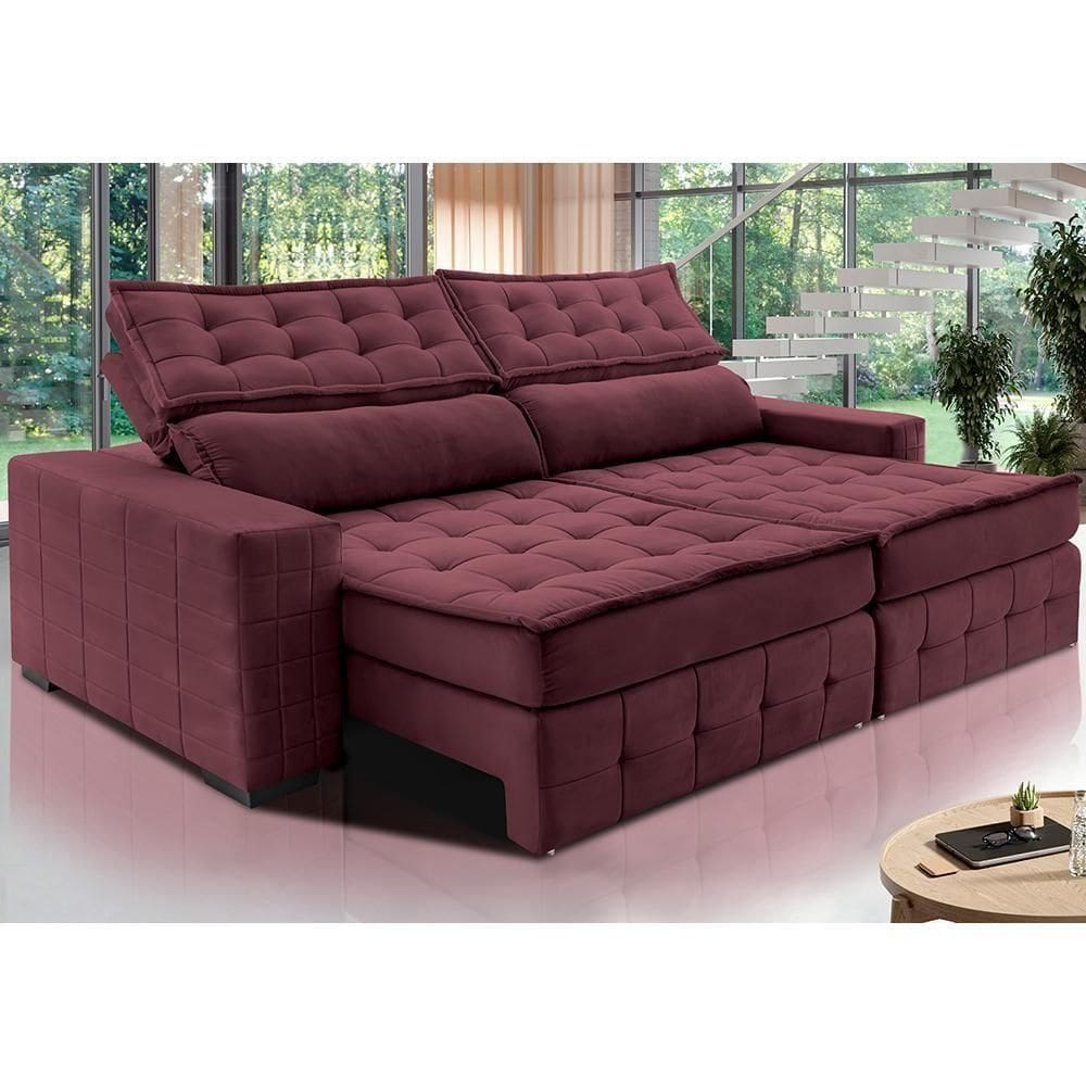 Sofá Retrátil E Reclinável 3,15M Cama Inbox Big Puffer Com Softgel D40 Velupluma Vinho