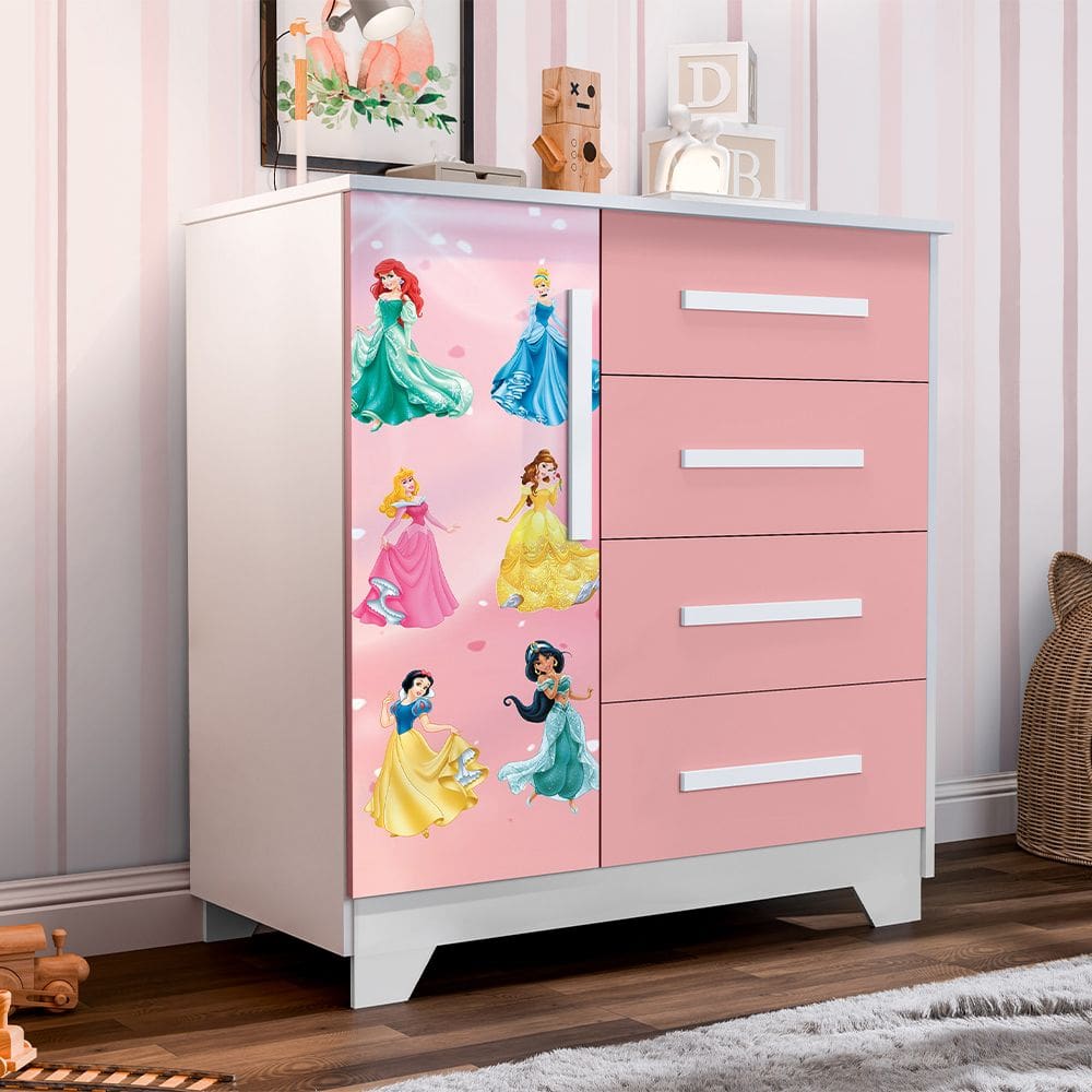 Cômoda Infantil Personagens Princesas 4 Gavetas 1 Porta Mdf - Rosa
