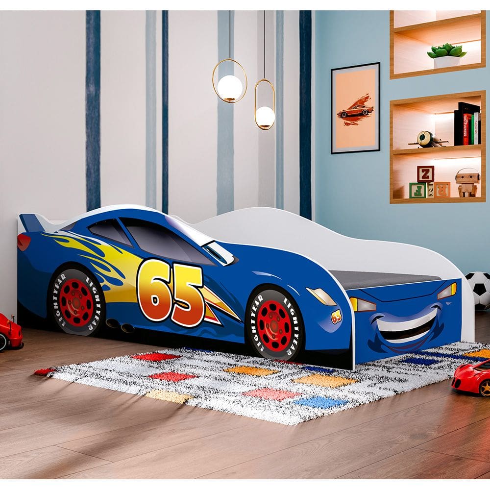 Conjunto Cama Carro Infantil Personagens Mdf Com Colchão - Azul
