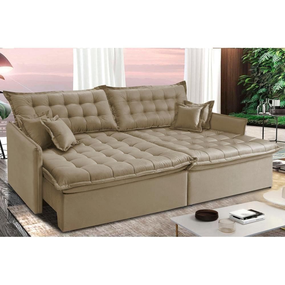 Sofá Sem Caixa Retrátil E Reclinável 1,55m Cama Inbox Versátil Suede Velusoft Bege