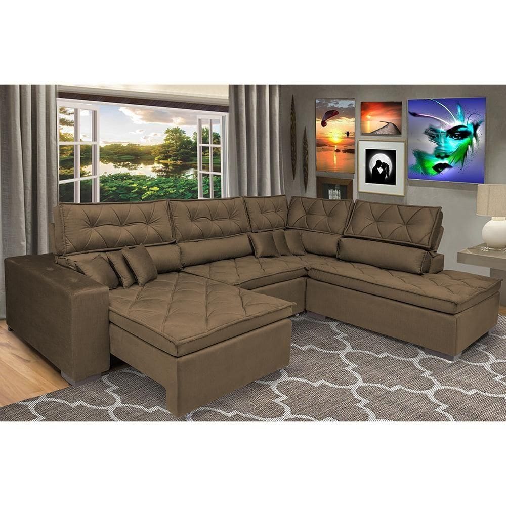 Sofa De Canto Retrátil E Reclinável Com Molas Cama Inbox Platinum 3,00x2,36 Tecido Suede Café
