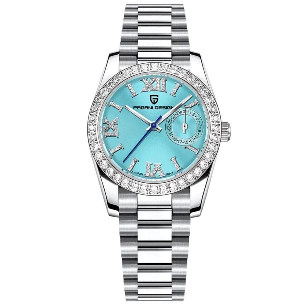 Relógio Feminino Mostrador Em Numero Romanos Com Strass Movimento De Quartzo Azul
