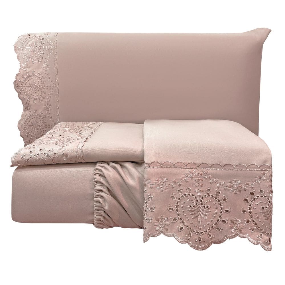 Jogo Lençol Queen Passione Bordado Inglês 4 pçs Rosé