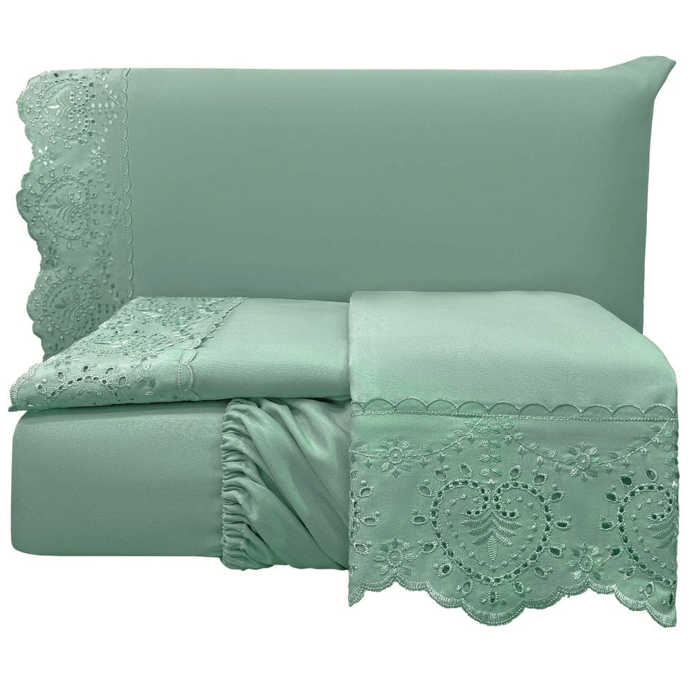 Jogo Lençol Casal Passione Bordado Inglês 4 pç Verde