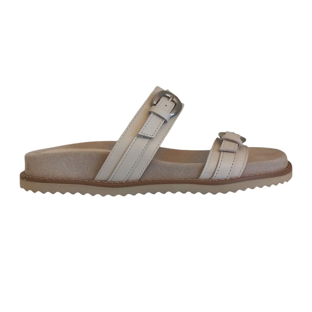 Sandália Birken Feminina Flat em Couro Off White Duas Fivelas