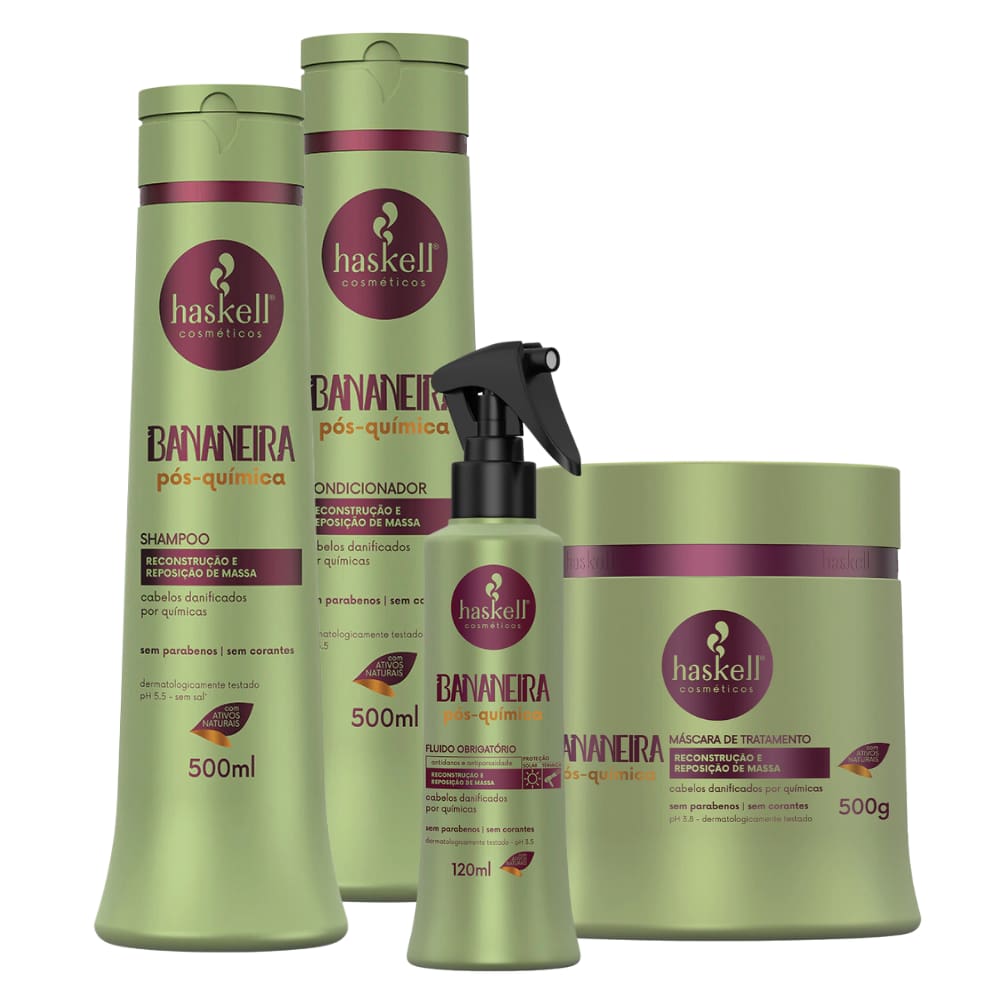 Kit Haskell Bananeira Pós-Química Shampoo Condicionador Máscara 500ml/gr Fluido