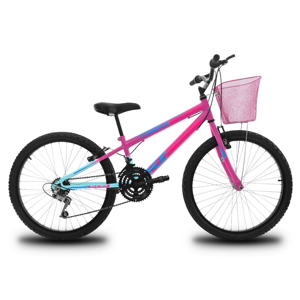 Bicicleta Infantil Aro 24 KOG Feminina 18 Marcha 3x8 Velocidades com Cestinha para Meninas Azul Degrade Rosa