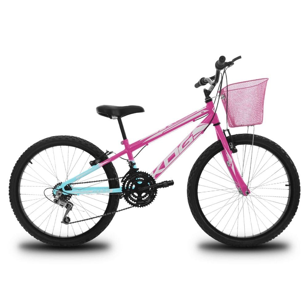 Bicicleta Infantil Aro 24 KOG Feminina 18 Marcha 3x8 Velocidades com Cestinha para Meninas Azul Degrade Branco