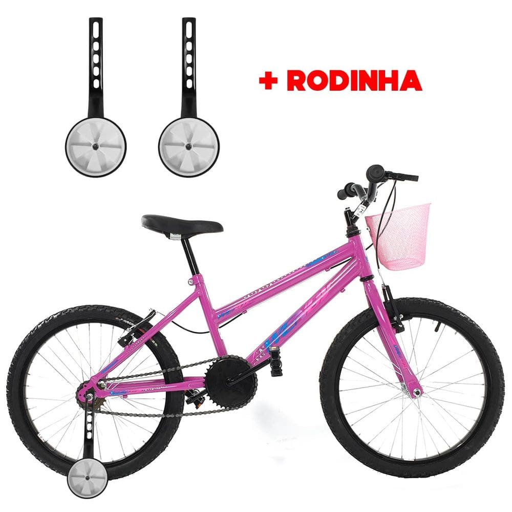 Bicicleta Infantil Aro 20 Feminina Com Rodinha Lateral e Cesta Freios V-Brake Wendy Para Meninas Pink