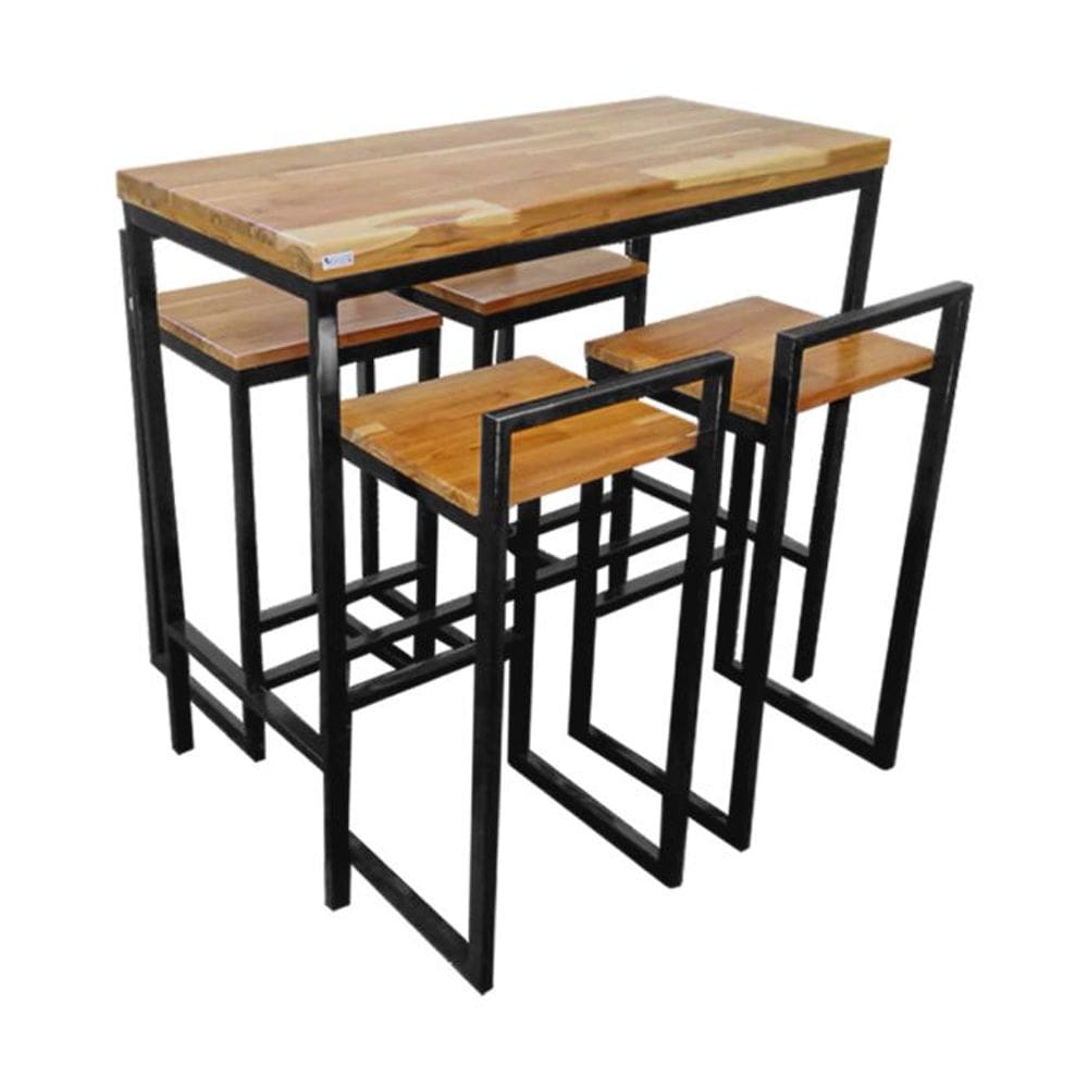 Conjunto Mesa Bistrô Industrial 1,20m Teca Com 4 Banquetas Industrial Taburete