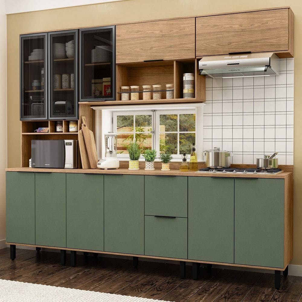 Cozinha Modulada Toscana 5 Peças Mdf com Aéreo 1200 Porta de Vidro e Paneleiro com Tampo Freijó/Jade