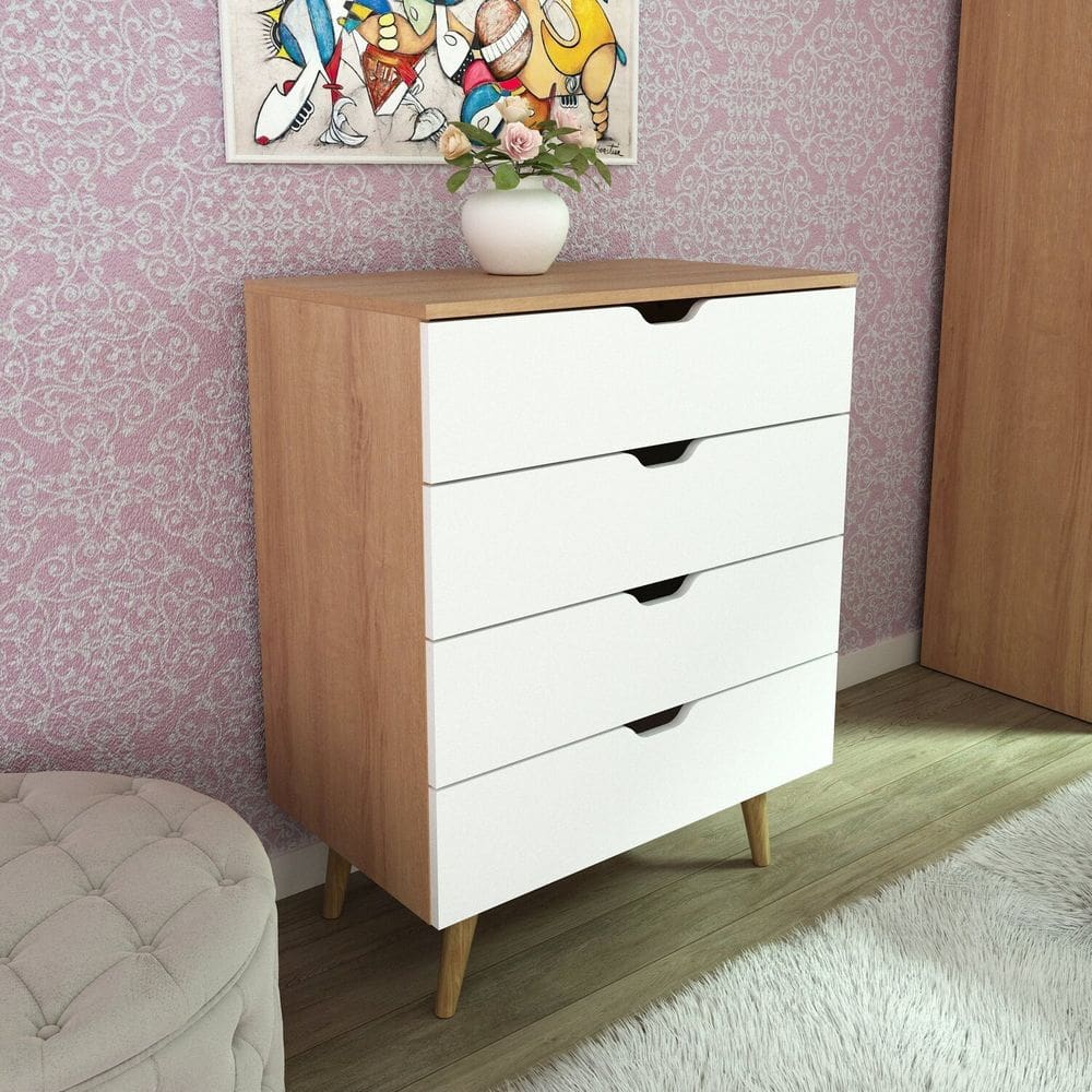 Cômoda Melissa com 4 Gavetas e Pé Cônico Cm8026 Amêndoa/Branco