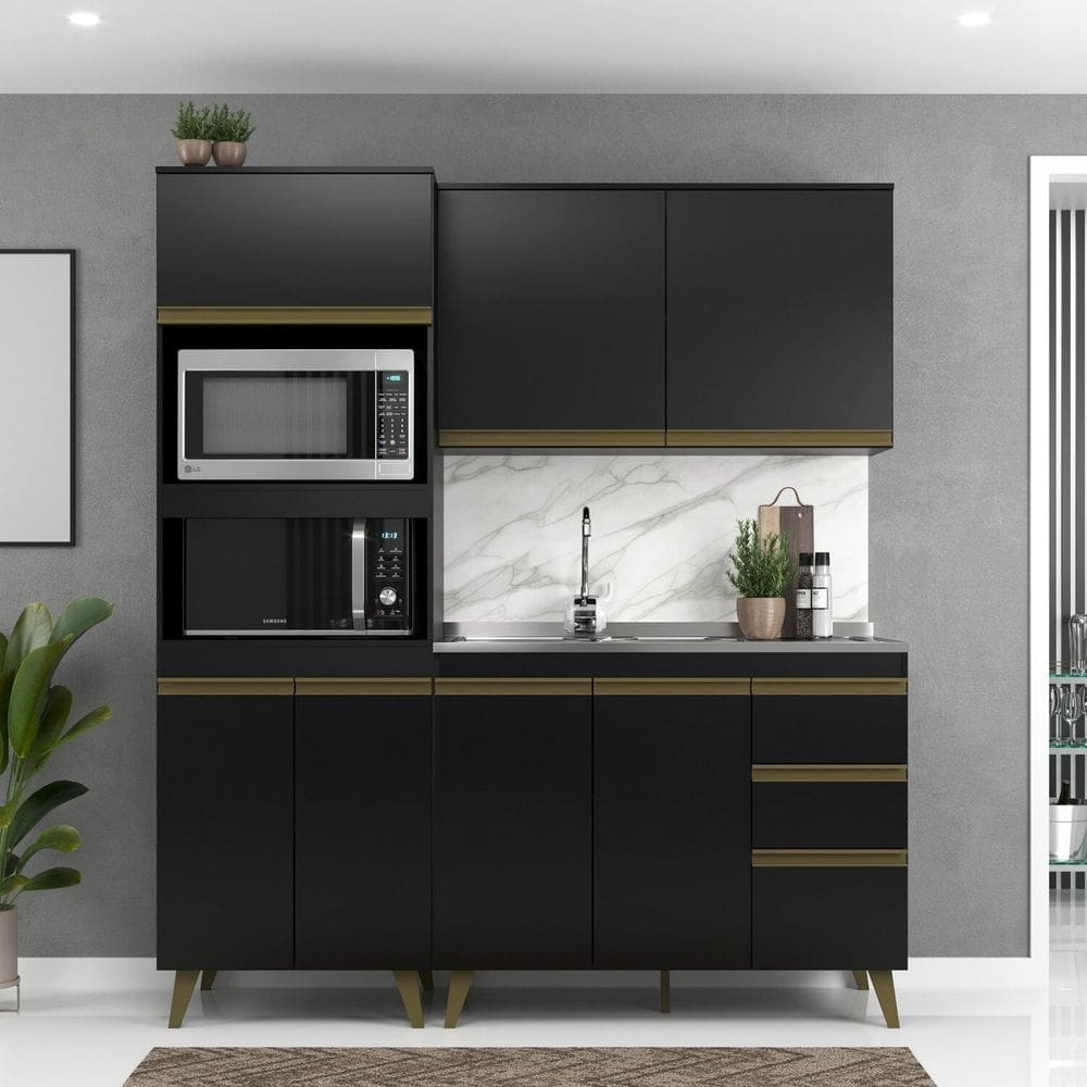 Cozinha Ema Modulada 3 Pecas 7 Portas 3 Gavetas 190cm Preto