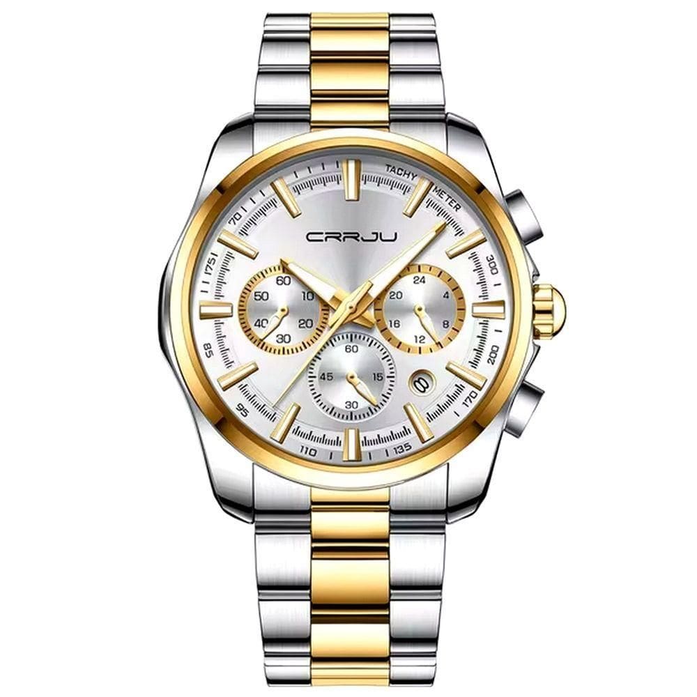 Relógio Masculino De Pulso Quartzo Multifunção Esportivo Em Aço Inoxidável Impermeavel Branco Dourado