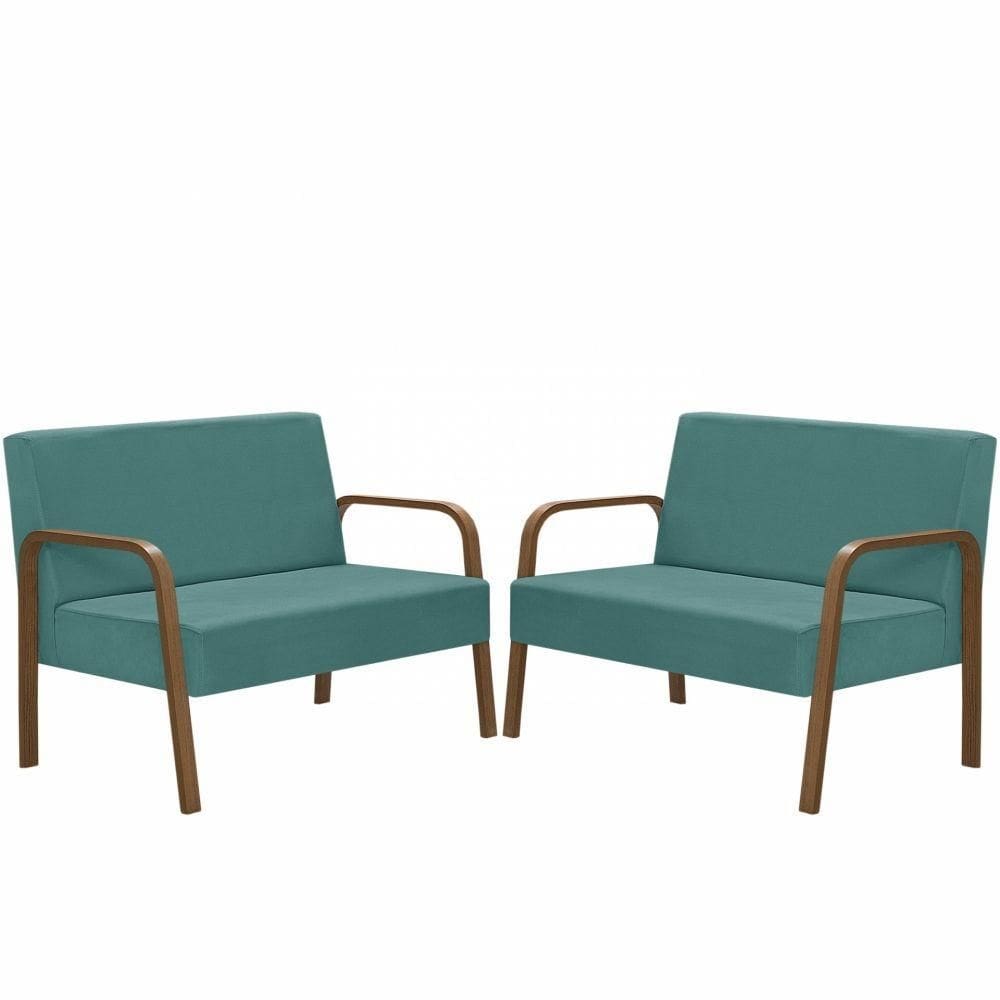 Kit Poltrona Decorativa 2 Namoradeiras Luna Braço Madeira D Salla Suede