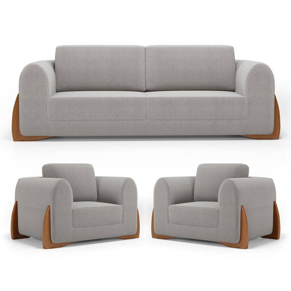 Kit 02 Poltronas E 01 Sofá Bloom 200cm 03 Lugares Com Pés De Madeira Bouclê Cinza - Desk Design