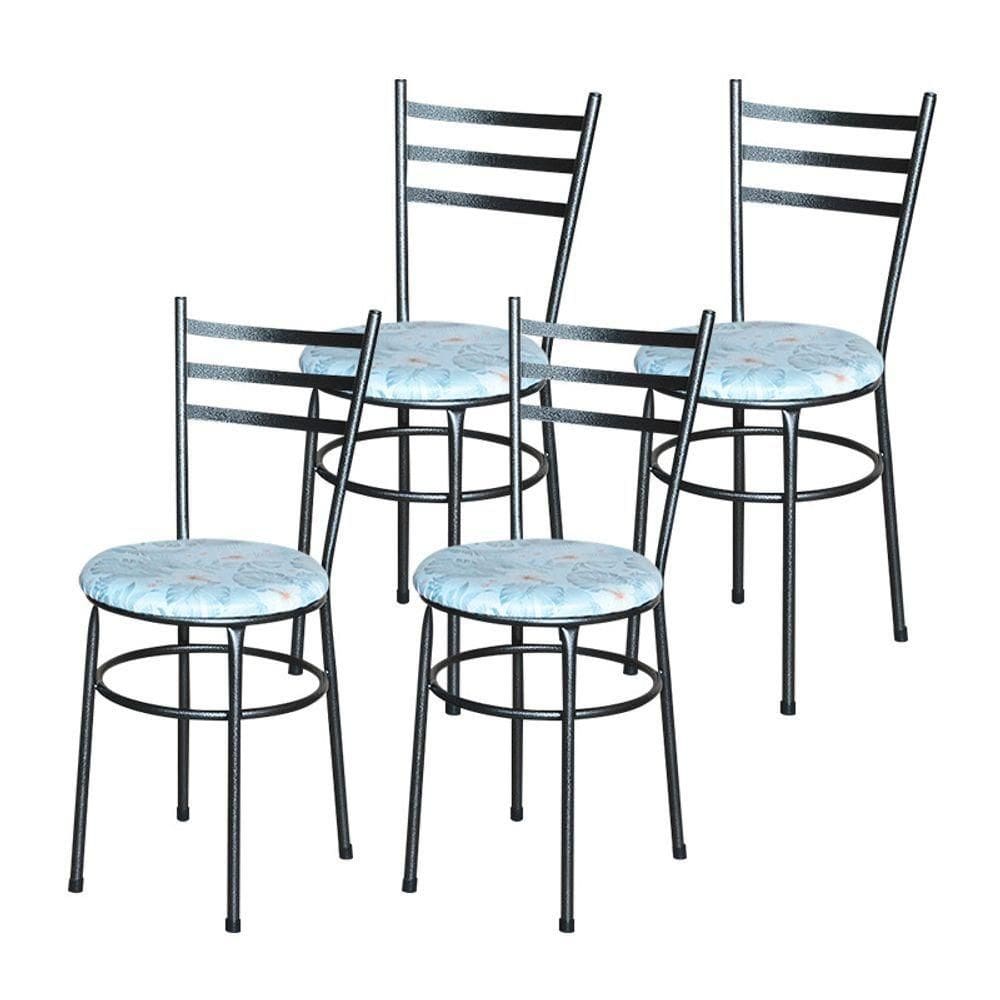 Conjunto 4 Cadeiras Para Cozinha Epoxi Preta Craqueada Assento Floral Gelo