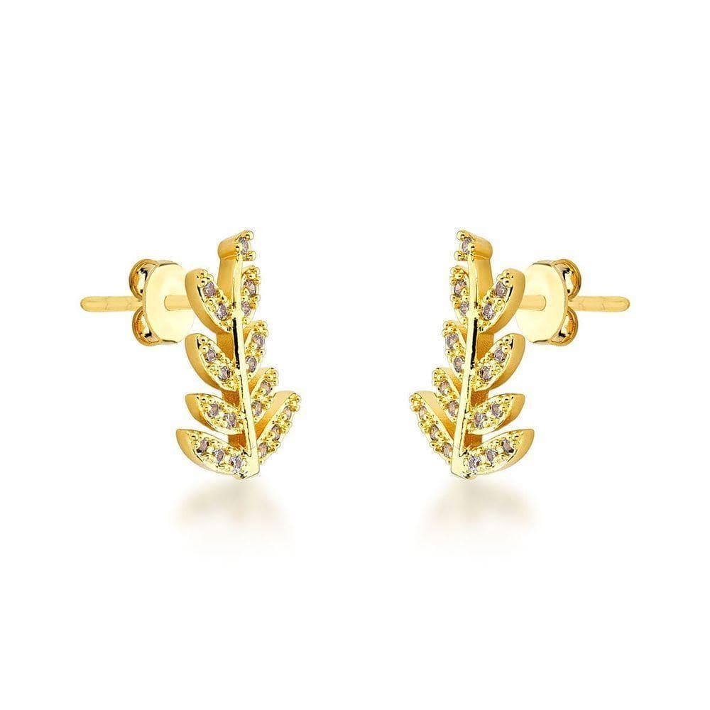 Brinco Folha Cravejada Com Zirconias Cristais Banhado A Ouro 18k