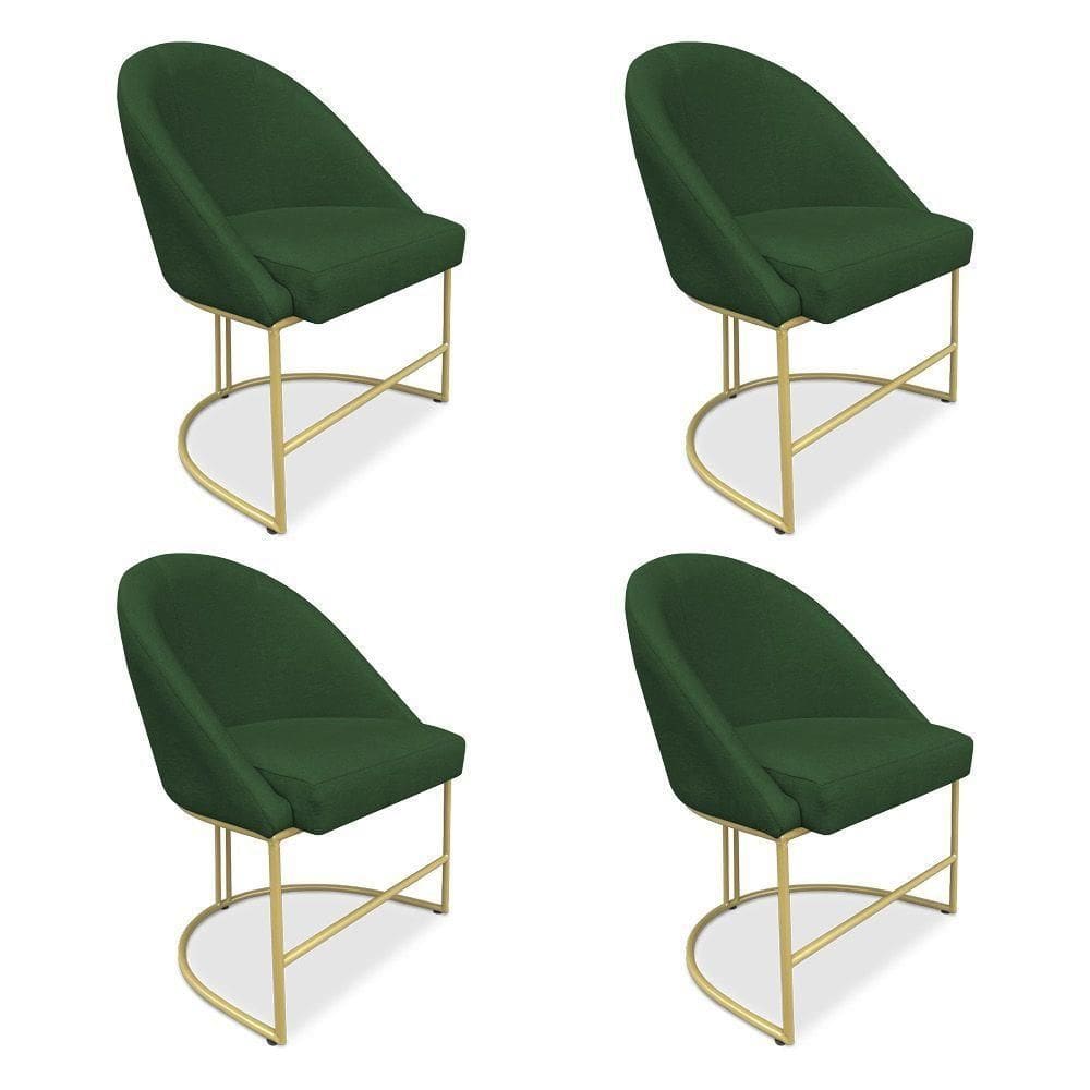Kit 04 Cadeiras Poltrona De Jantar Bela Suede Verde Base Metálica Industrial Dourado - Pallazio