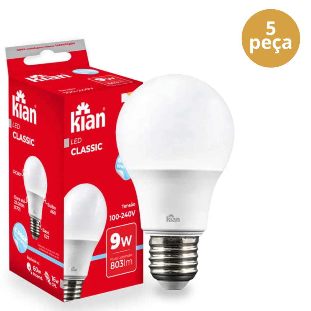 5 Lâmpada 9W Led 6.500k Bivolt E27 Kian