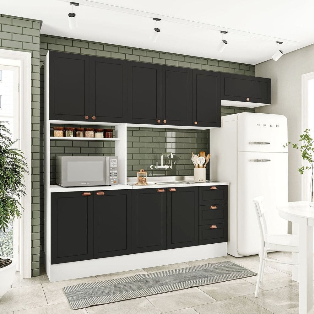 Cozinha Pérola com Rodapé 4 Peças Paneleiro/torre Quente Aéreo 3 Portas Balcão 120 e Basculante Yesc Branco/Preto