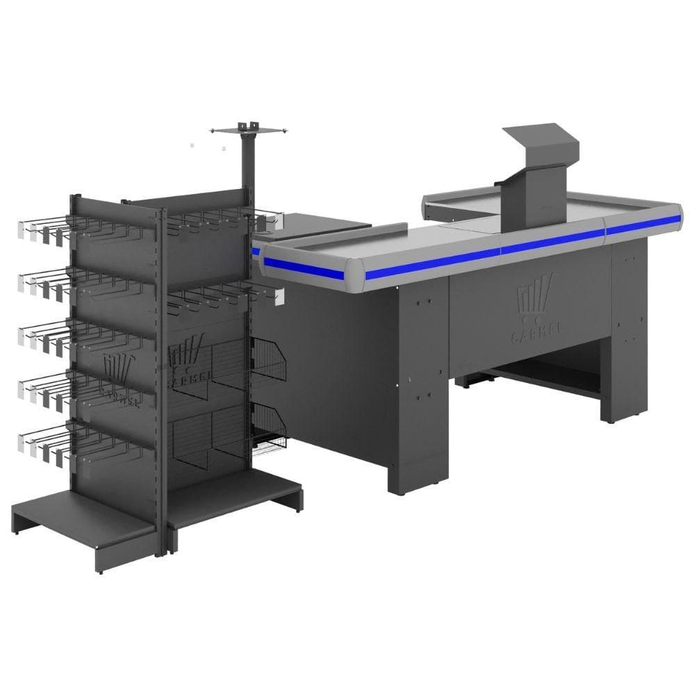 Kit Checkout 1,50M Em U Bilateral + Check Stand Premium 1,10x0,84x0,56 Preto Perfil Azul - Amapá