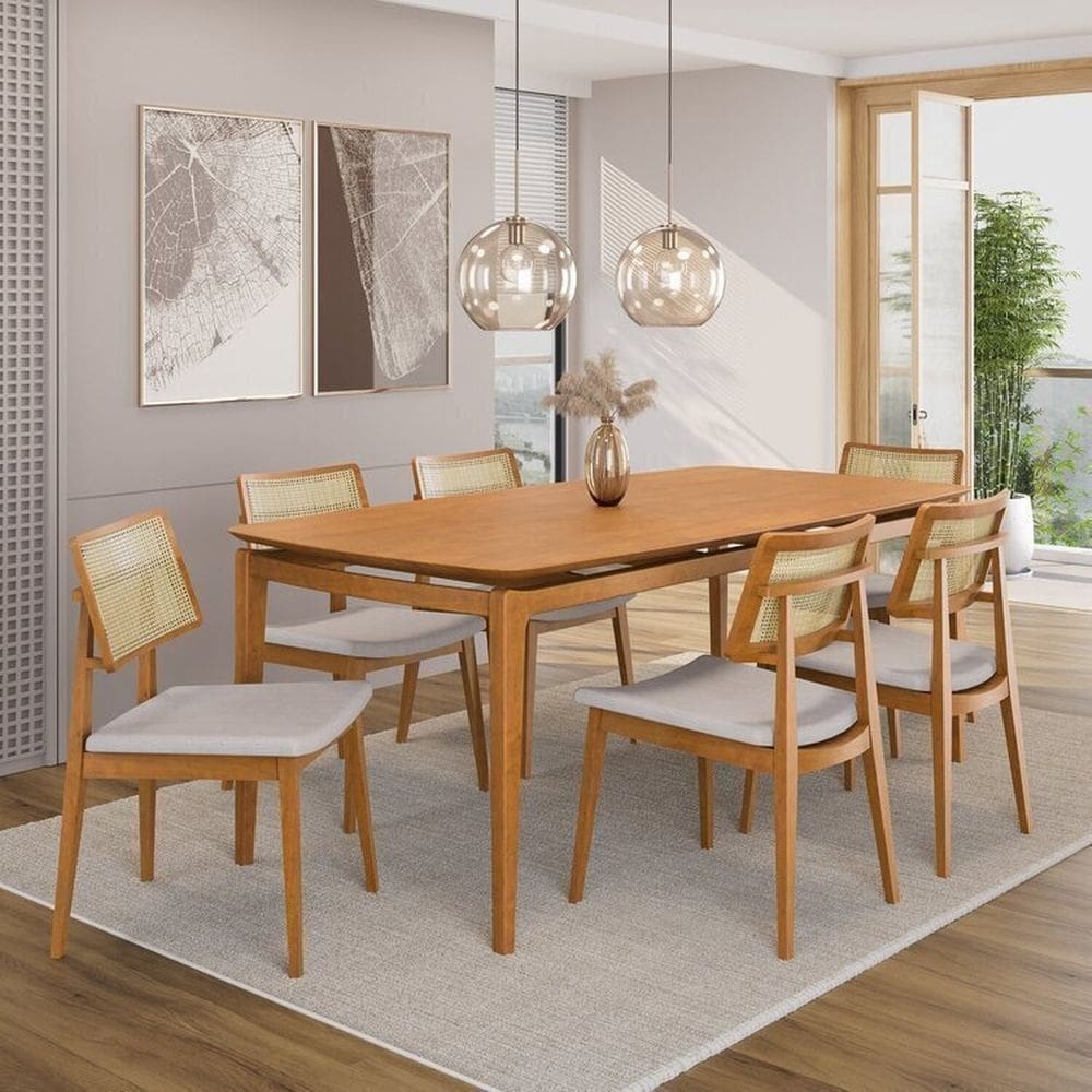 Conjunto Sala de Jantar Madeira Maciça - Mesa 1,60 Laminada 6 Cadeiras Estofadas Encosto Tela Freijó