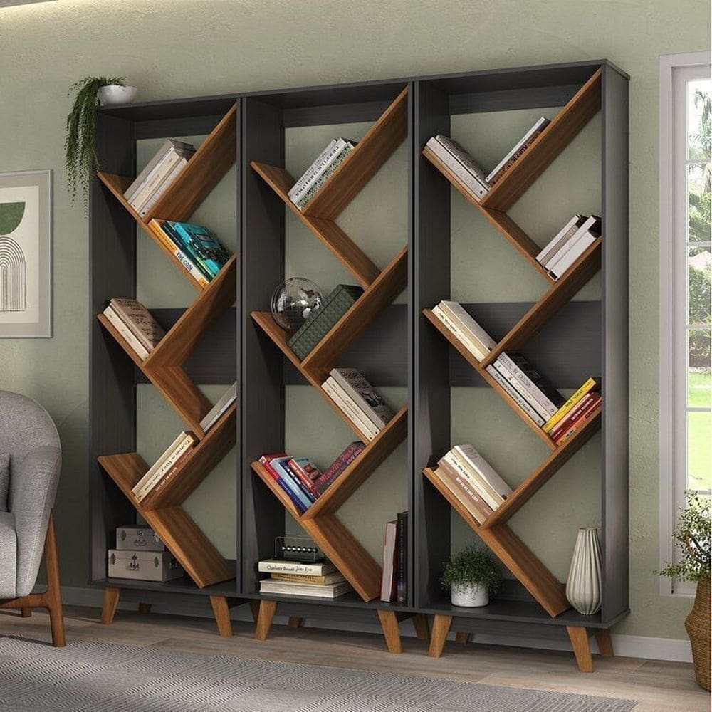 Kit 3 Peças com 3 Estante para Livros Helena Espresso Móveis Grafite/Nogal
