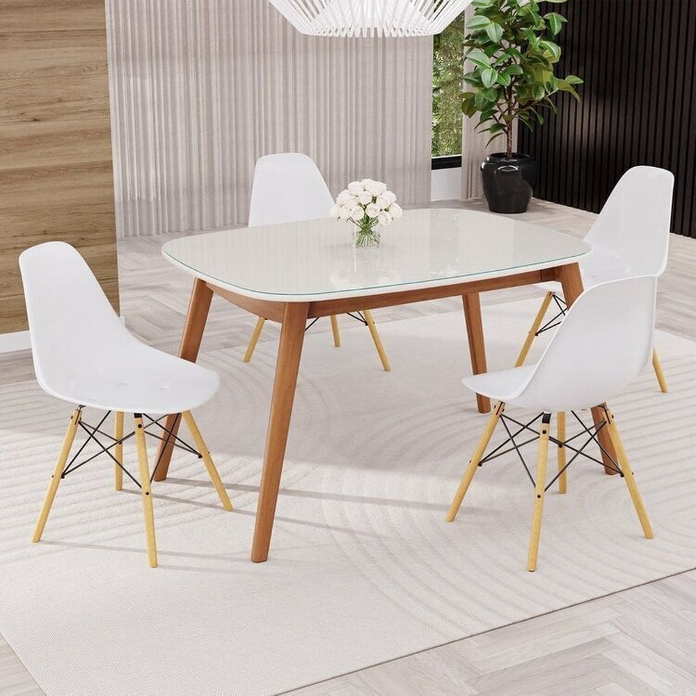Conjunto Sala de Jantar Mesa Ceci com Vidro com 4 Cadeiras Eames Espresso Móveis Natural/Branco