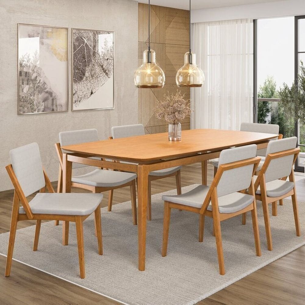 Conjunto Sala de Jantar Madeira Maciça - Mesa 1,80 Laminada 6 Cadeiras Assento e Encosto Estofado Freijó