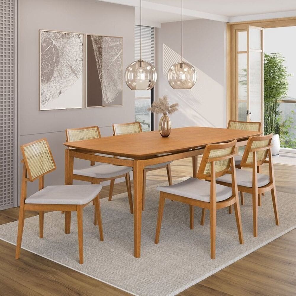 Conjunto Sala de Jantar Madeira Maciça - Mesa 1,80 Laminada 6 Cadeiras Estofadas Encosto Tela Freijó