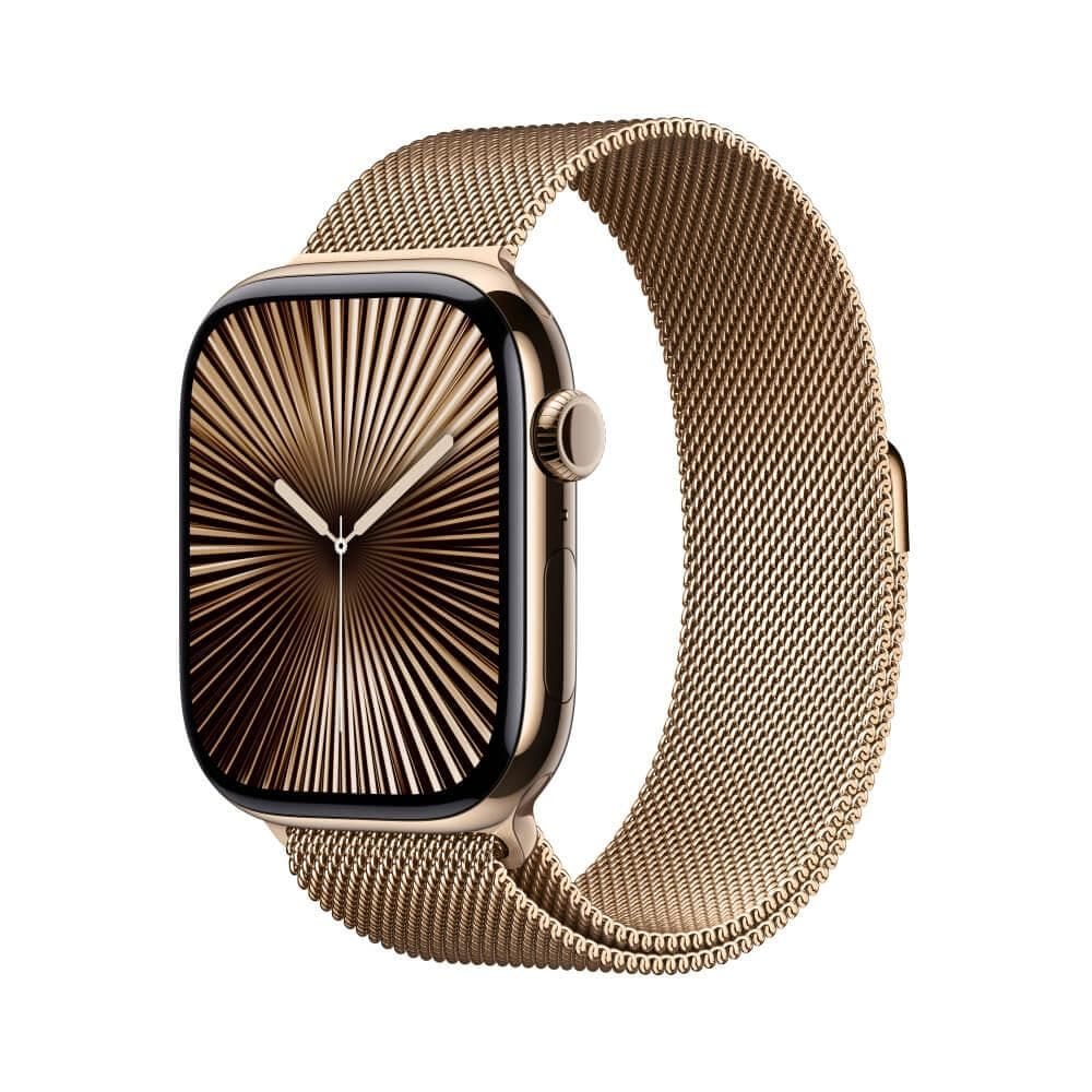 Apple Watch Series 10 GPS + Cellular • Caixa dourada de titânio – 46 mm • Pulseira dourada estilo milanês M/G