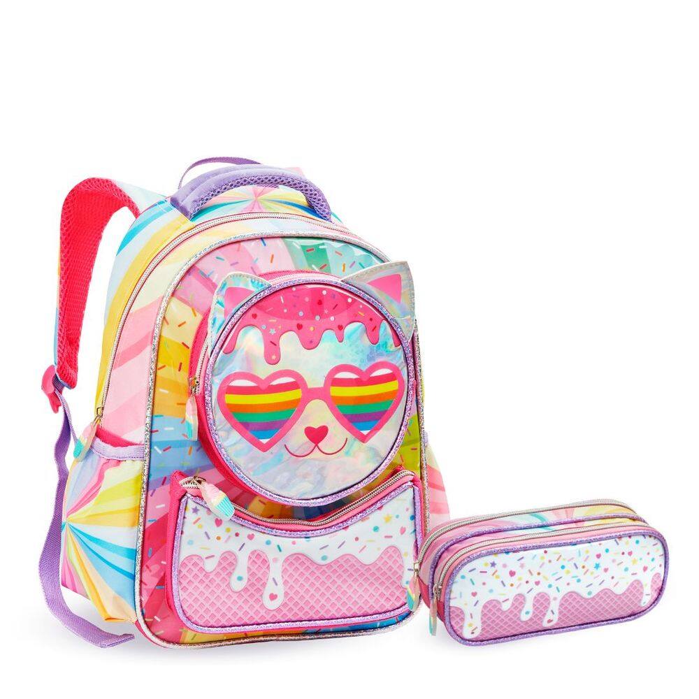 Kit Mochila e Estojo Infantil Escolar Gatinha Holográfica