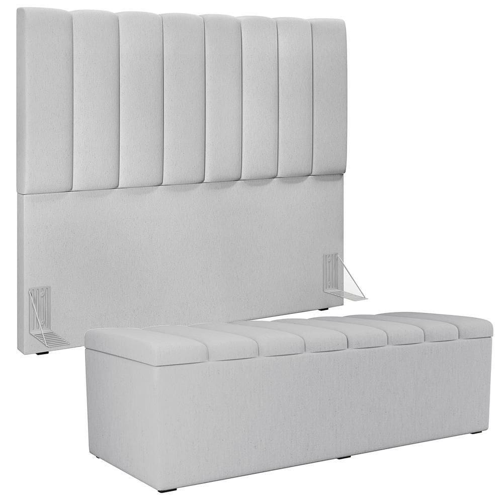 Kit Cabeceira Casal 140cm Com Calçadeira Recamier Baú Cinza