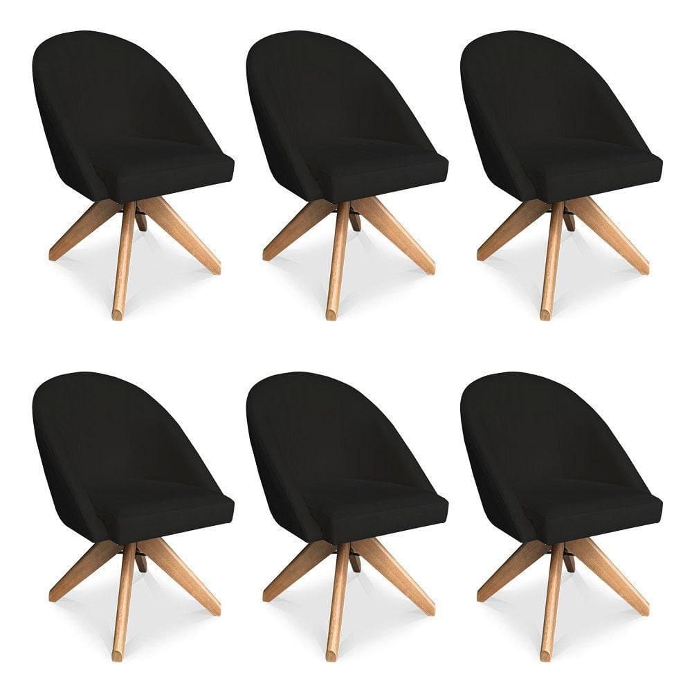 Kit 06 Poltronas Cadeira Giratória Bela Suede Preto Base De Madeira - Pallazio