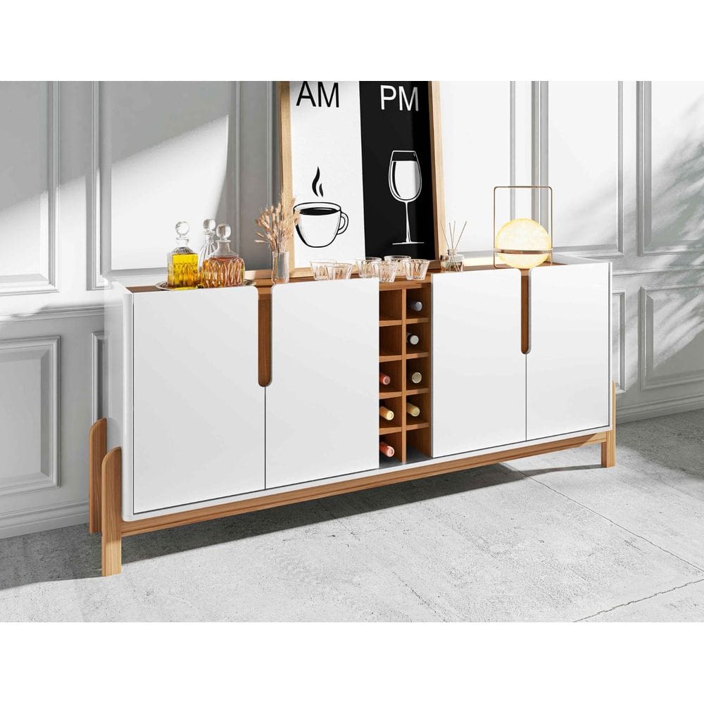 Aparador Buffet Sala 190cm Liz 4 Portas Com Adega com Pés de Madeira Branco com Cedro - Rede Móveis
