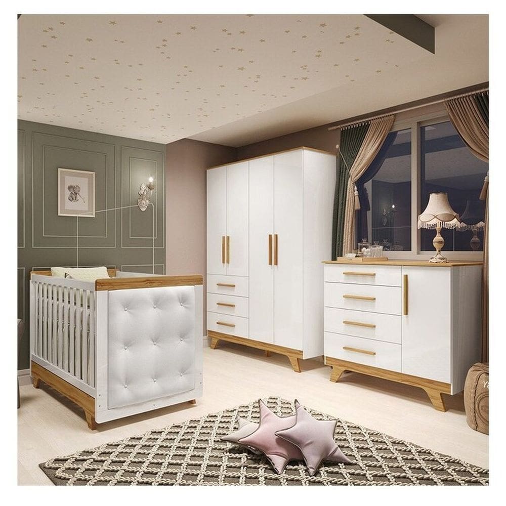 Quarto de Bebê Berço com Capitonê Guarda-roupa e Cômoda 100% Mdf Retrô Kakau Espresso Móveis Branco Brilho/Amêndoa/Branco